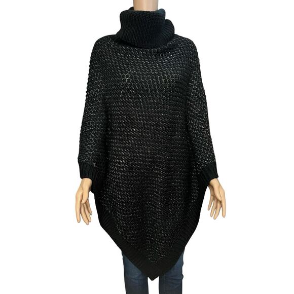 Calvin Klein Chunky Poncho Sweater One Size Black Silver Cowl Neck Pointed Hem - Picture 1 of 8